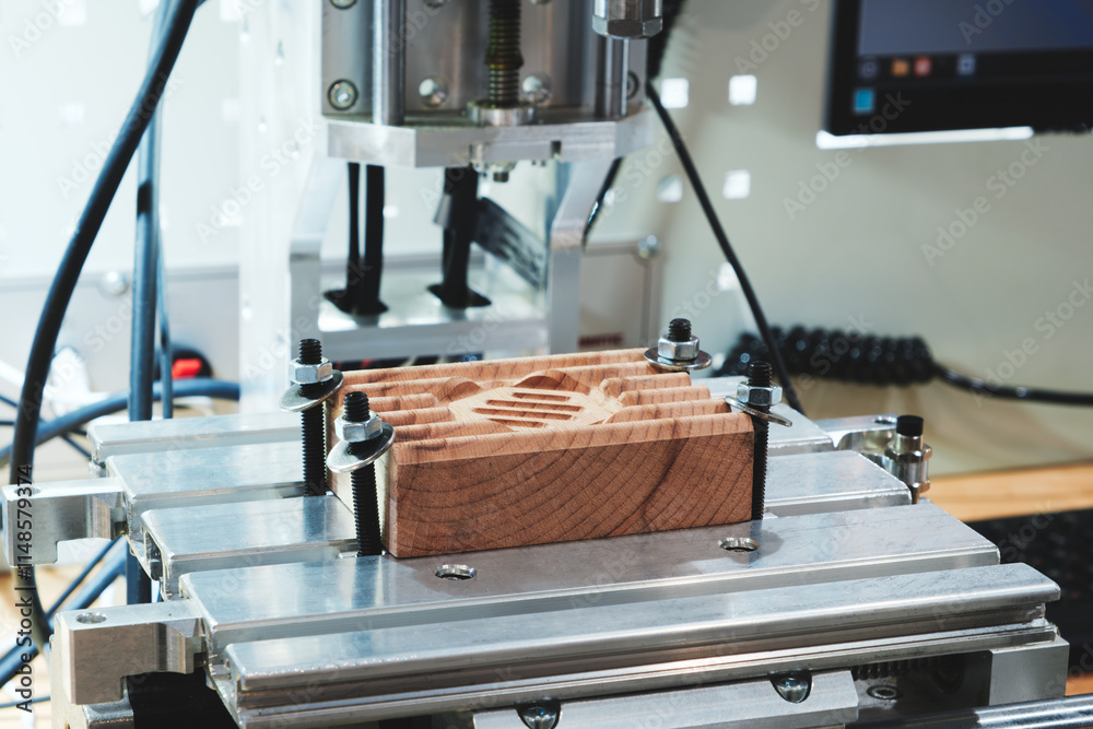 Aufkleber A wood block is being cut by a machine. The machine is on a table. A keyboard and a mouse are on the table