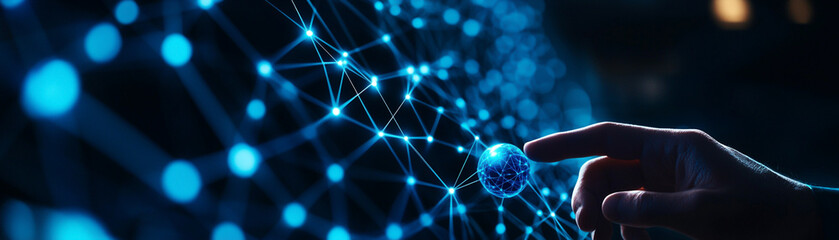 Fototapeta premium Futuristic hand touching a digital globe, symbolizing connectivity and innovation.