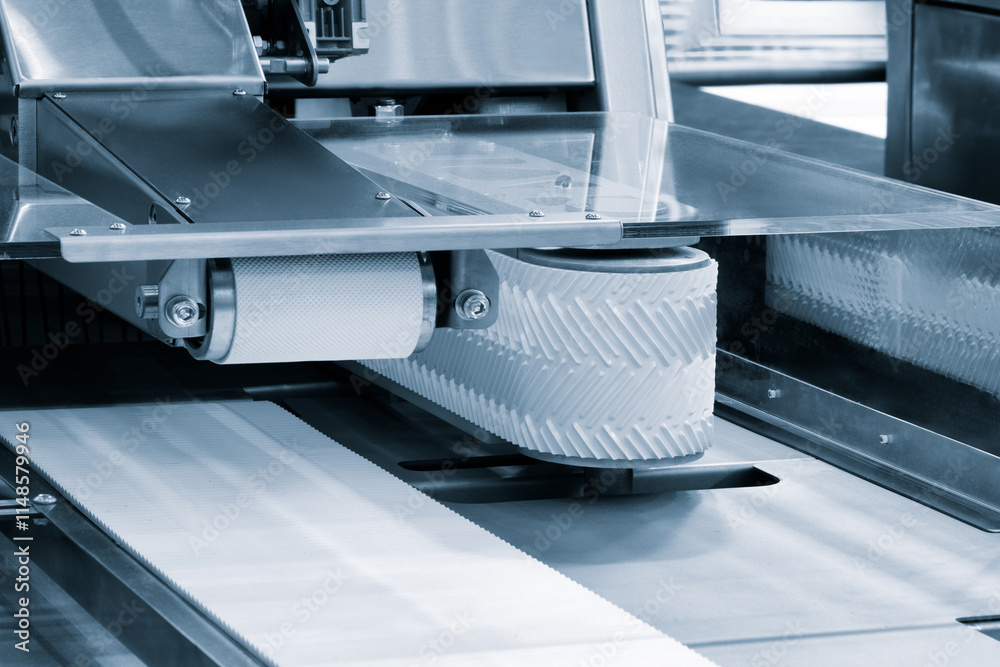 Aufkleber A conveyor belt is moving a white object. The belt is made of rubber and is moving the object from one place to another. The object is likely a product that is being manufactured or processed