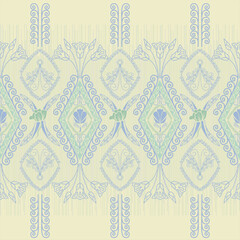 Intricate Floral and Geometric Pattern with Symmetrical Design in Pastel Colors, Featuring Diamond Shapes, Scrolls, and Stylized Flowers and Leaves, Creating an Ornate and Elegant Decoration