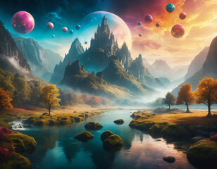 A fantasy world, featuring a majestic landscape with towering mountains, lush glowing forests, and a radiant sky filled with vibrant, otherworldly colors
