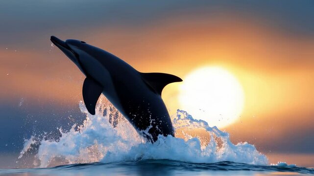 A dolphin performs a stunning leap above the surface of the ocean as the sun sets on the horizon, creating a breathtaking silhouette against the colorful sky.