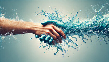 A handshake between a human hand and a hand made entirely of splashing water. Partnership concept. Copy space. Healthcare concept. Helping hand.