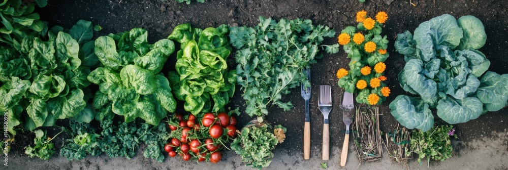 Poster garden tools and vibrant flowers alongside rows of fresh vegetables in a well maintained garden. gen
