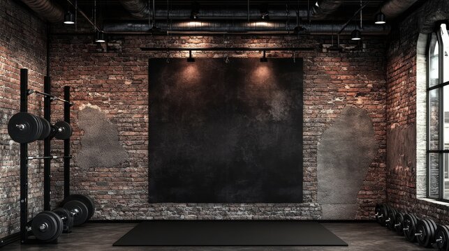 A modern gym, workout, background interior featuring exposed brick wall, background, mockups and weights for fitness training.