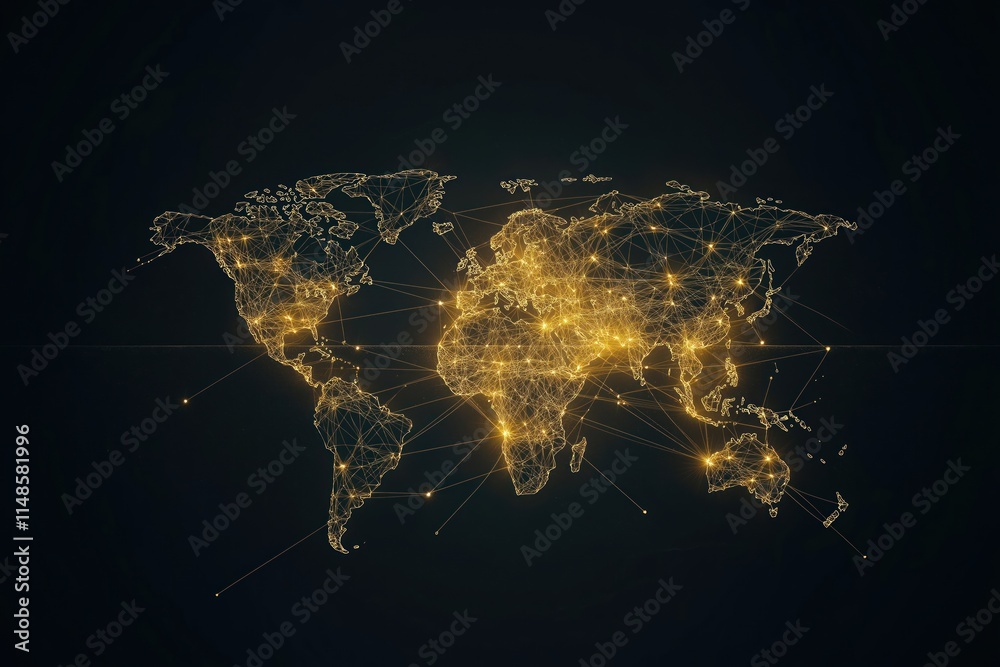 Poster global network map visualization. world map with glowing connections. modern tech design. abstract d