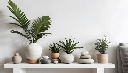 Fototapeta premium Serene Home Decor: Plants, Stones, and Minimalist Style