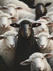 A striking image of a black sheep standing out among a flock of white sheep in a serene countryside setting.