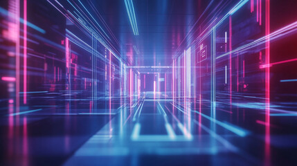 Digital corridor with neon lights creating a futuristic atmosphere.