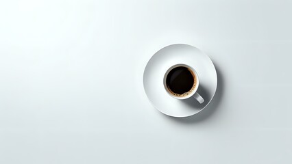 A top view of a cup of coffee on a white background with generous copy space in bright natural light