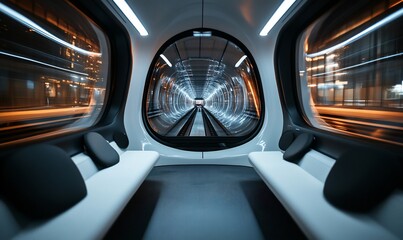 Interior view of a futuristic transport pod with a tunnel in the background.