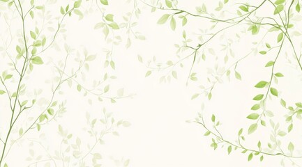 Light green and white pattern with delicate leaves on plant branches, set against a pure cream-colored background.