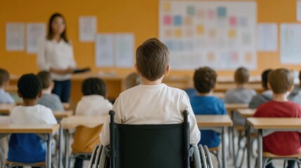 Inclusive classroom setting. Boy in wheelchair attentively listens to teacher. Diverse student group seated at desks. Colorful posters on wall. Focus on learning, integration, accessibility in school