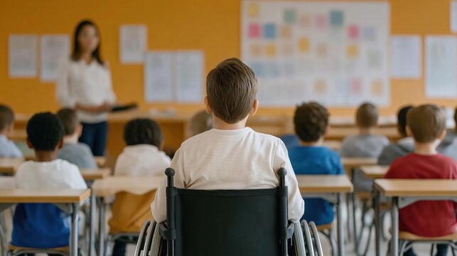 Inclusive classroom setting. Boy in wheelchair attentively listens to teacher. Diverse student group seated at desks. Colorful posters on wall. Focus on learning, integration, accessibility in school