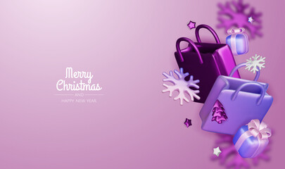 Christmas and New Year Sale. Bright realistic 3d holiday object design, shopping bag, gift box. Promo sale, advertising banner, web poster. vector illustration