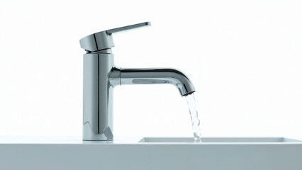 Shiny chrome faucet with running water in minimalist bathroom