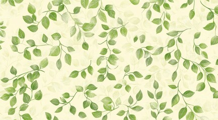 Light green and white pattern with delicate leaves on plant branches, set against a pure cream-colored background.