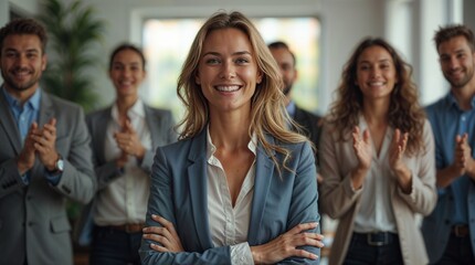 Fototapeta premium Your moment to stand out. Image of a successful businesswoman receiving applause from her colleagues in the office. At last