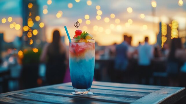 Refreshing drink on a bar table, perfect for summer evenings with lights and a sunset backdrop