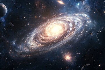 Obraz premium Majestic Spiral Galaxy Amidst Celestial Bodies and Stardust