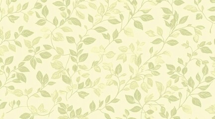 Light green and white pattern with delicate leaves on plant branches, set against a pure cream-colored background.