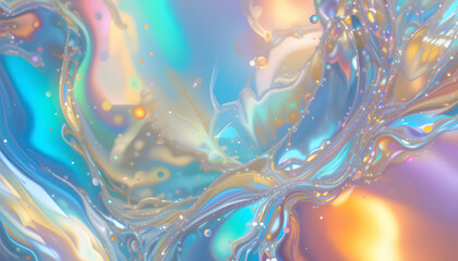 Obraz premium Holographic iridescent gradient colorful background with liquid effect creating a beautiful abstract design with splashes, waves, and swirling patterns.