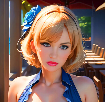Portrait of a European woman working as a waitress at a seaside restaurant. AI-Generated