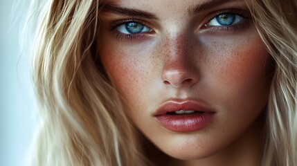 Stunningly beautiful blond closeup portrait, flawless skin and natural makeup, insanely detailed, strong look, generative AI.