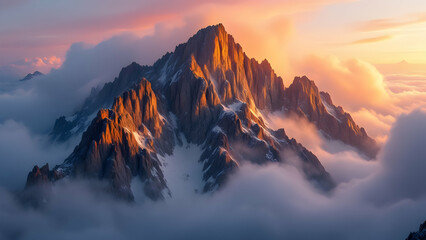 Majestic Mountain Peak Emerging from Clouds at Sunrise/Sunset
