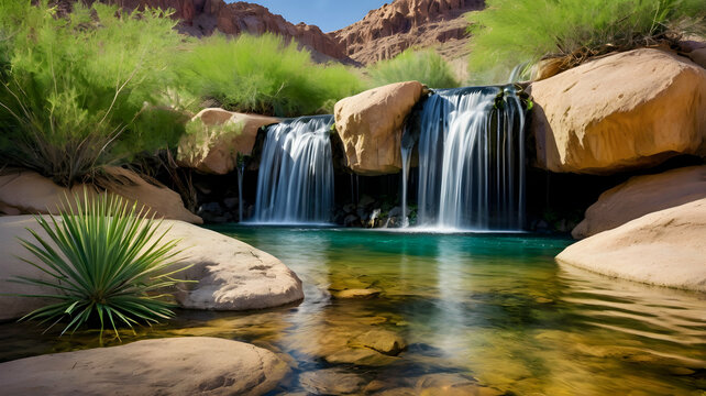 Desert Oasis Waterfall: Turquoise Water Cascading Through Red Rock Canyon
