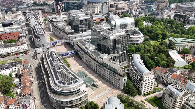Drone shot of the European Parliament (Espace Leopold) in Brussels, Belgium