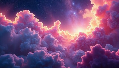 Celestial Dreamscape: A Vivid Panorama of Pink and Purple Clouds Under a Starlit Sky