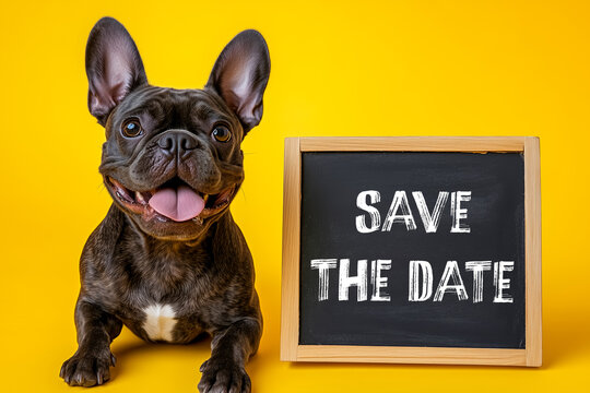 Dog and a chalkboard with save the date message on it. Conceptual save the date symbol. Copy space.