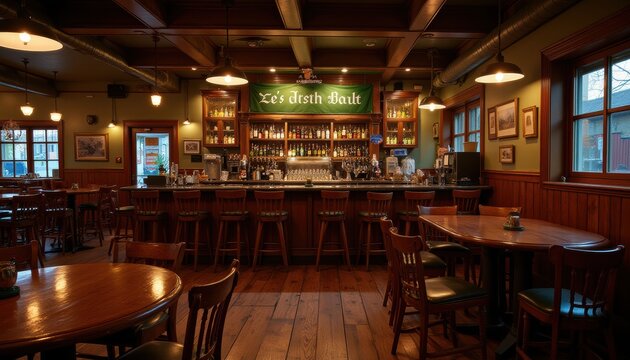This image shows a cozy Irish pub with wooden furniture, a well-stocked bar, and warm lighting, perfect for St. Patrick’s Day celebrations