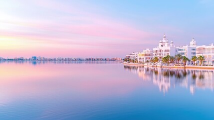 Naklejka premium Calm sunrise over waterfront buildings with pastel sky reflection.