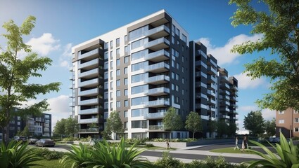 Modern apartment building with lush green plants