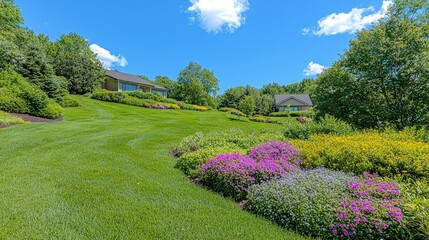 Obraz premium Lush green hillside with blooming flowers and houses.