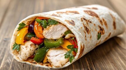 Delicious chicken and vegetable wrap on wooden surface.