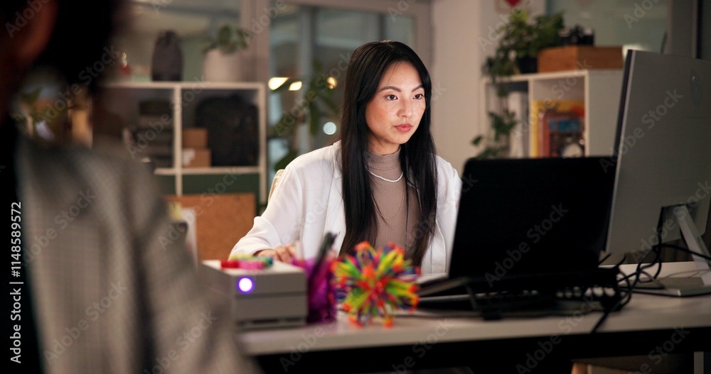 Poster Night, woman and laptop in office for web design, planning or software development in coworking space. Programmer, deadline or tech in digital agency for schedule, research and developer for coding