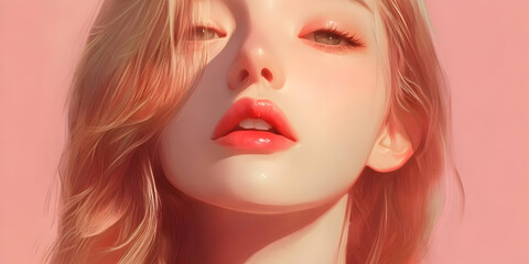 Fototapeta premium A close-up portrait of a young woman with soft features and a serene expression.