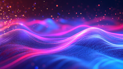 Colorful abstract waves withlowing particles in a digital landscape.