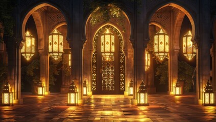 Islamic ramadan greetings background design with ornamental door galaxy sky