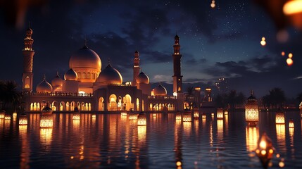 Naklejka premium Illuminated Mosque Reflecting in Night Water