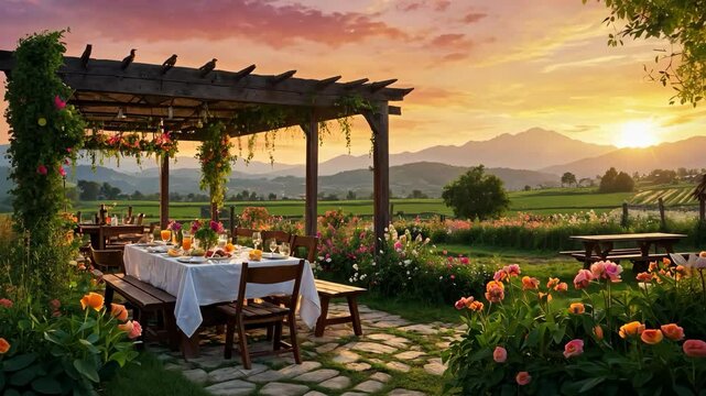 Video footage of beautifully set outdoor dining table under a pergola, surrounded by vibrant flowers, with a scenic sunset over mountains in the background