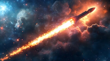 Fiery rocket launching into space, leaving a bright trail of fire and smoke through nebula.