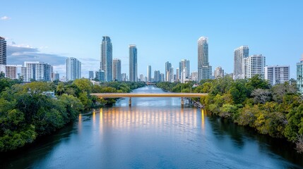 Obraz premium City skyline with river and bridge at dawn.