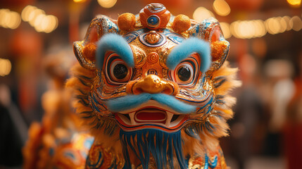 Obraz premium Lion head mask displayed in cultural shop for Lunar New Year celebration themes