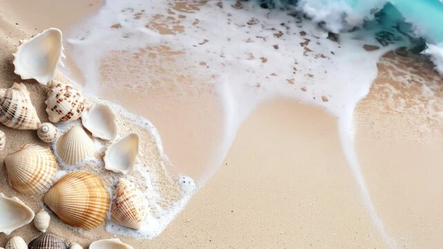 Close-up view of various seashells arranged on golden sand as ocean waves softly wash over the shore. The sun shines brightly, creating a serene atmosphere.