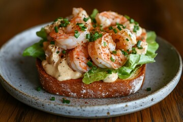 open prawn cocktail sandwich on toasted bread, topped with juicy prawns, crisp lettuce, creamy sauce, and sprinkled with fresh chives and paprika, served on a rustic wooden table