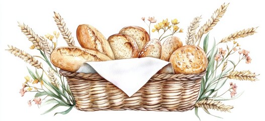 Watercolor illustration of an assortment of breads, including a baguette, in a rustic kitchen basket with flowers on top